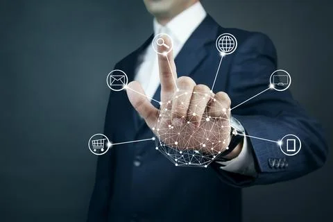 Hands holding circle global network connection in screen Stock Photos