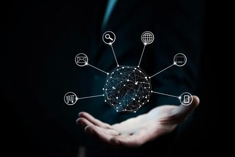 Hands holding circle global network connection in screen Stock Photos
