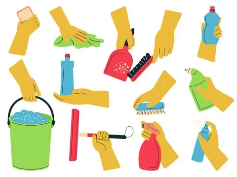 Hands holding cleaning elements. Wipe clean, hand hold cloth and brush. Spray Illustrazione stock