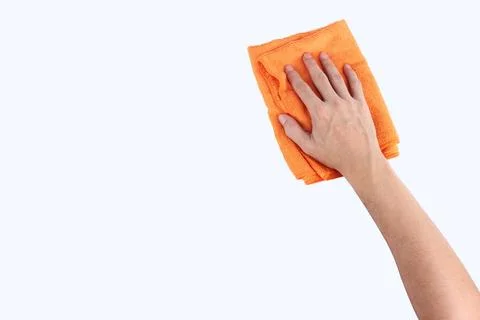 Hands holding cleaning rag microfiber cloth isolated on white background Stock Photos