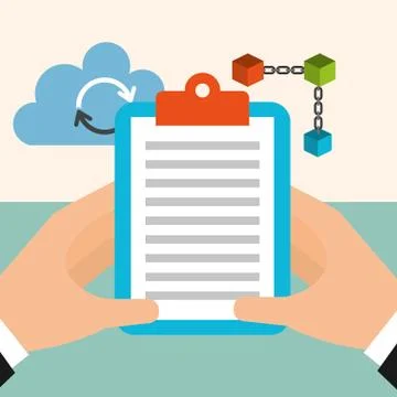 Hands holding clipboard cloud computing blockchain Ilustração Stock