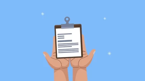 Hands holding clipboard with paper document on blue background for business.. Stock-Footage 338424821