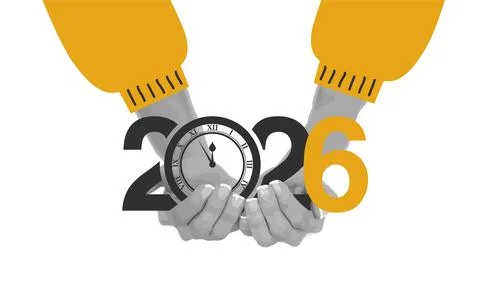 Hands holding a clock and the year 2026 as time signifies new beginnings an.. Stock Illustration