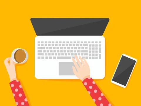 Hands holding coffee cup working on computer and smartphone, work from home c Stock Illustration