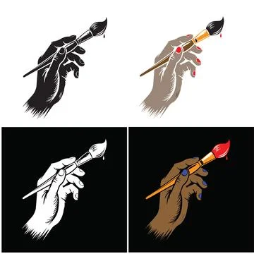 Hands holding colorful paintbrushes in different styles Stockillustratie