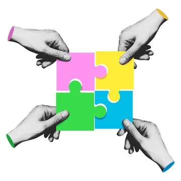 Hands Holding a Completed Puzzle in Halftone Pop Art Style Stock Illustration