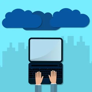 Hands Holding Computer Devices Connect to Modern Cloud Services. Flat Illustr Illustrazione stock