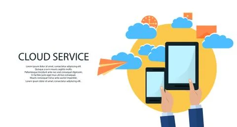Hands Holding Computer Devices Connect to Modern Cloud Services. Flat Illustr Stock Illustration