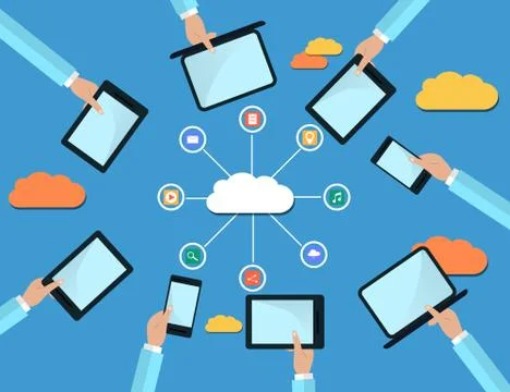 Hands Holding Computer Devices Connect to Modern Cloud Services. Flat Illustr Illustrazione stock