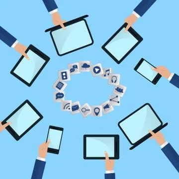Hands Holding Computer Devices Connect to Modern Cloud Services. Flat Illustr Stock Illustration