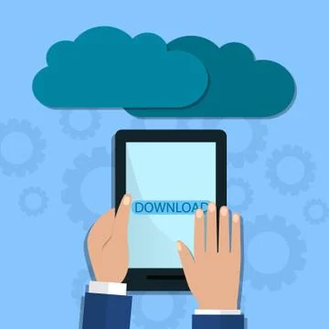 Hands Holding Computer Devices Connect to Modern Cloud Services. Flat Illustr 스톡 일러스트