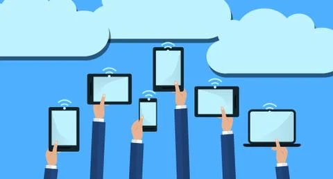 Hands Holding Computer Devices Connect to Modern Cloud Services. Flat Illustr 스톡 일러스트