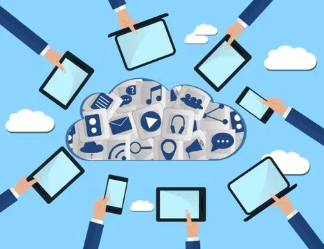 Hands Holding Computer Devices Connect to Modern Cloud Services. Flat Illustr Stock Illustration