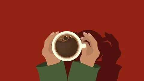 Hands holding cup of hot aromatic coffee on red background Stock Illustration