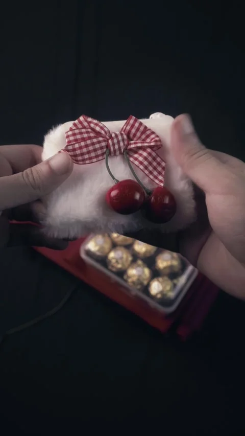 Hands Holding Cute Furry Gift Pouch With Cherries And Chocolates Background Stock Footage 322607053
