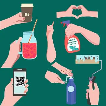 Hands holding diffirent item and supplies. Stock-Illustration