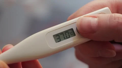Hands holding a digital thermometer. Concept of healthcare and self-diagnosis. Stock Footage 336680925