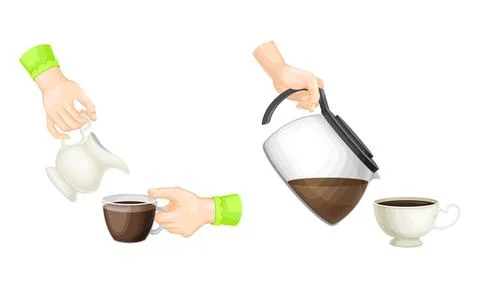 Hands holding drinks set. Hand pouring tea and coffee in cup cartoon vector Stock-Illustration