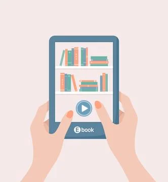 Hands holding e-book reader with bookshelves and start button on the screen Stock Illustration