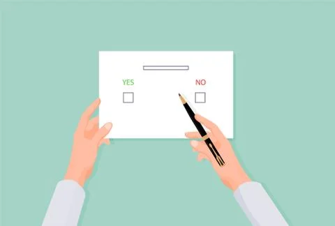 Hands holding an election form. Voting with yes or no choice when electing Stock Illustration