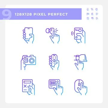 Hands holding electronic gadgets pixel perfect gradient linear vector icons set Stock Illustration