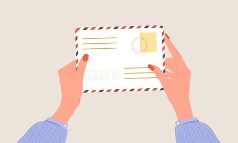 Hands holding envelope. Correspondence and postal delivery concept. Top-down Stock Illustration