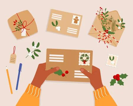 Hands holding an envelope with stamps surrounded by stationery Stock Illustration
