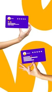 Hands holding feedback cards from users Max and Anna showing ratings and Stock Photos