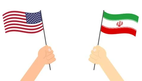 Hands holding flag between USA and Iran face to face for competition - Vector Illustrazione stock