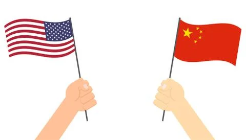 Hands holding flag between USA and China face to face for competition - Vector i Stock Illustration