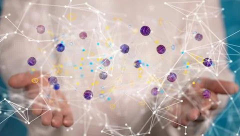 Hands holding the floating dots with connecting lines. 写真素材