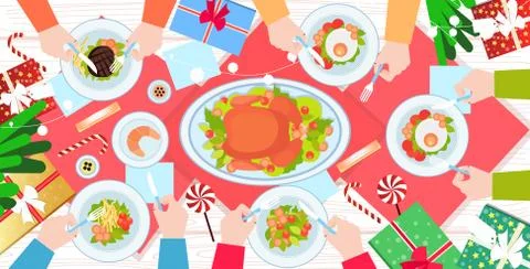 Hands holding fork and knife eating food on christmas new year dinner table r Stock Illustration