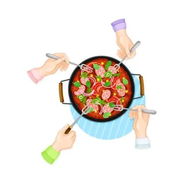 Hands Holding Fork Eating Dinner at Kitchen Table Above View Vector Illustration Stock Illustration