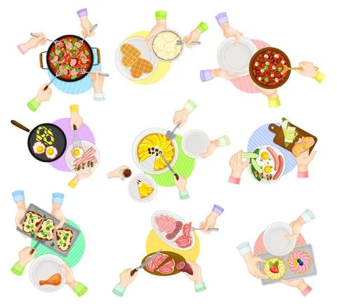 Hands Holding Fork Eating Dinner at Kitchen Table Above View Vector Set イラスト素材