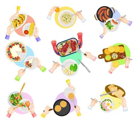 Hands Holding Fork Eating Dinner at Kitchen Table Above View Vector Set イラスト素材