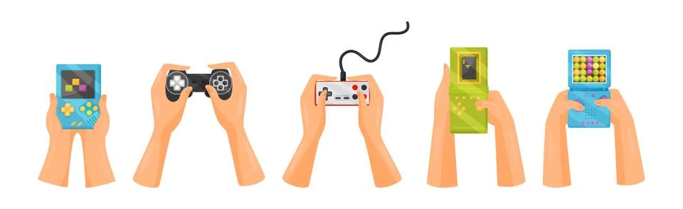 Hands Holding Gamepads or Controller Playing Video Game Vector Set 스톡 일러스트