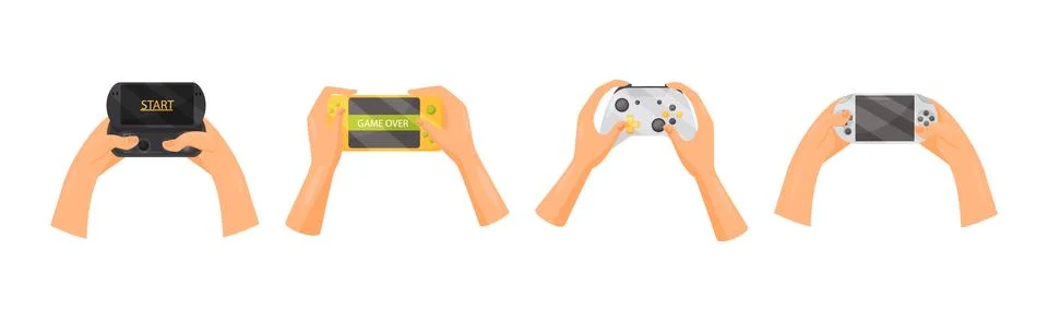 Hands Holding Gamepads or Controller Playing Video Game Vector Set 스톡 일러스트
