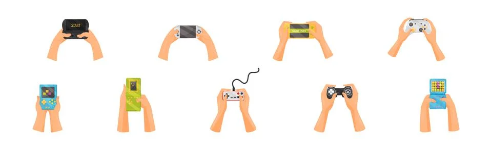Hands Holding Gamepads or Controller Playing Video Game Vector Set Stock Illustration