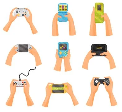 Hands holding gamepads set, retro and modern game gadgets, gaming concept vector Stock Illustration