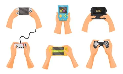 Hands Holding Gamepads Vector Set. People Playing Video Games with Help of Stock Illustration