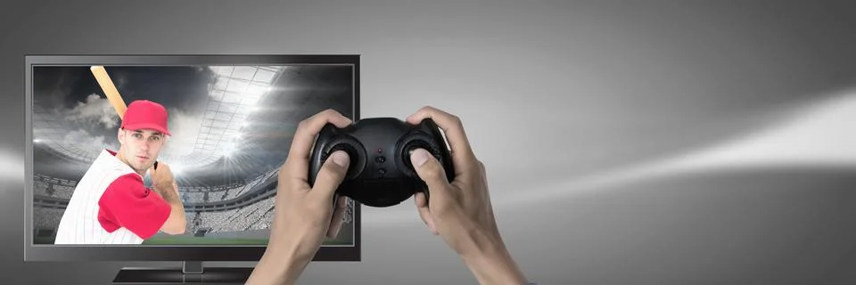 Hands holding gaming controller  with baseball player on television Stock Photos