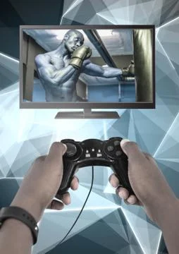 Hands holding gaming controller  with boxer fighter on television Stock Photos