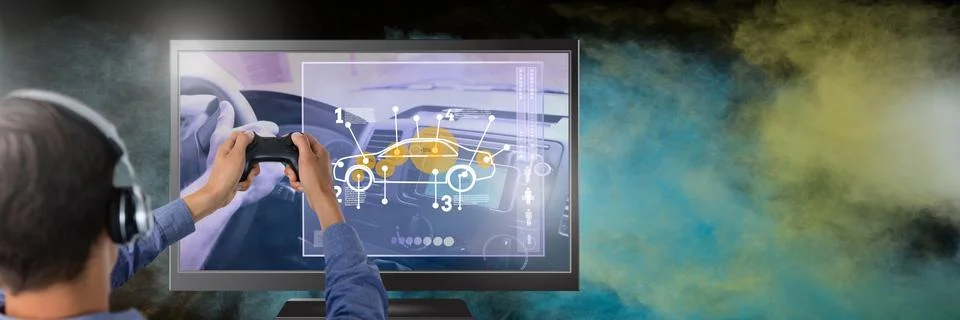 Hands holding gaming controller  with car game on television Stock Photos