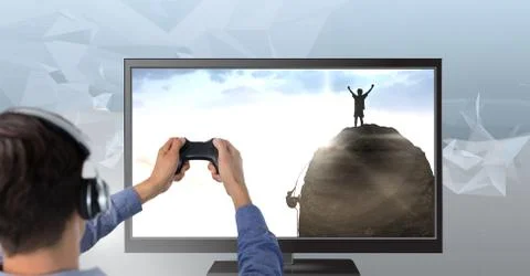 Hands holding gaming controller  with climbers on television Stock Photos