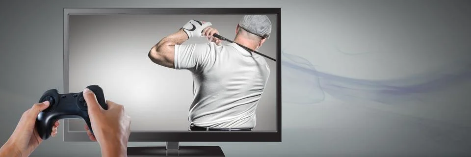 Hands holding gaming controller  with golf player on television Stock Photos