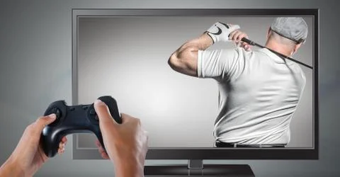 Hands holding gaming controller  with golf player on television Stock Photos