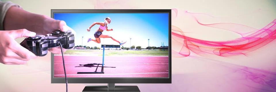 Hands holding gaming controller  with hurdle sports jumper on television Stock Photos