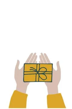 Hands holding gift box. Concept of giving presents. Greeting card with gift in Stock Illustration