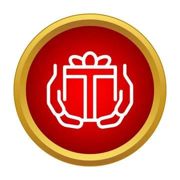 Hands holding gift box inside red gold circle Stock Illustration