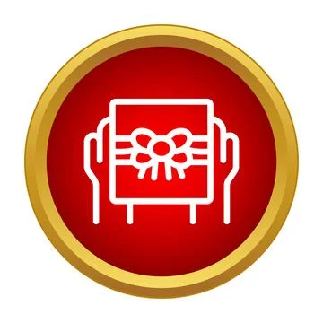 Hands holding gift box inside red gold button Stock Illustration